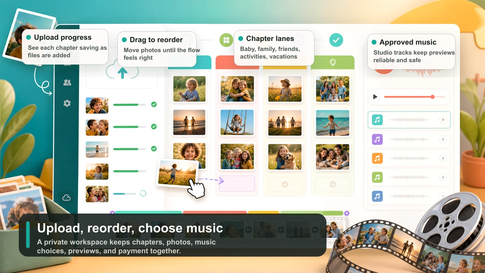 Illustrated upload reorder and music selection workflow