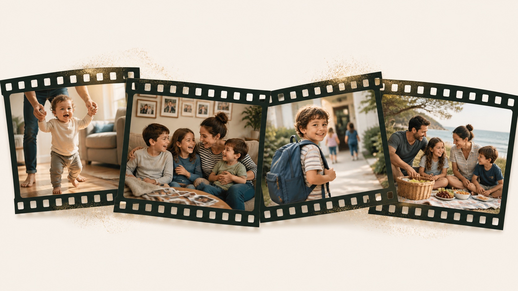 Growing-up memories shown as an overlapping filmstrip collage